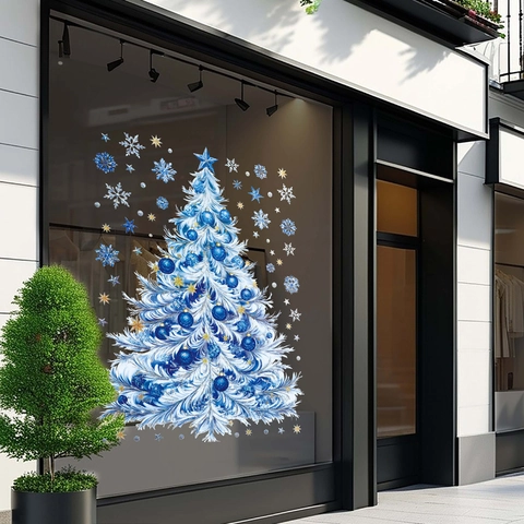 Christmas Window Clings Double Sided Static Stickers PVC Blue White Tree Holiday Glass Decor Snowflakes Stars Reusable