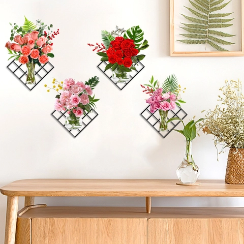 Adesivi Murali 3D Rose con Griglia Impermeabili in PVC Decalcomanie Floreali per Soggiorno Camera da Letto Decorazioni Casa