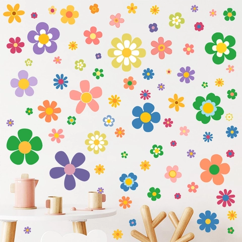 Multicolor Daisy Flower Wall Sticker Set Waterproof PVC Removable Floral Decal For Kids Room Bedroom Living Room Decor