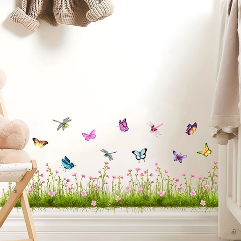 Butterfly Dragonfly Grass Flower Wall Sticker PVC Self Adhesive Waterproof Removable Decorative Mural Decal For Living Room Bedroom Kitchen