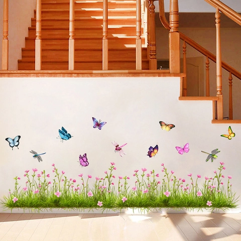 Butterfly Dragonfly Grass Flower Wall Sticker PVC Self Adhesive Waterproof Removable Decorative Mural Decal For Living Room Bedroom Kitchen