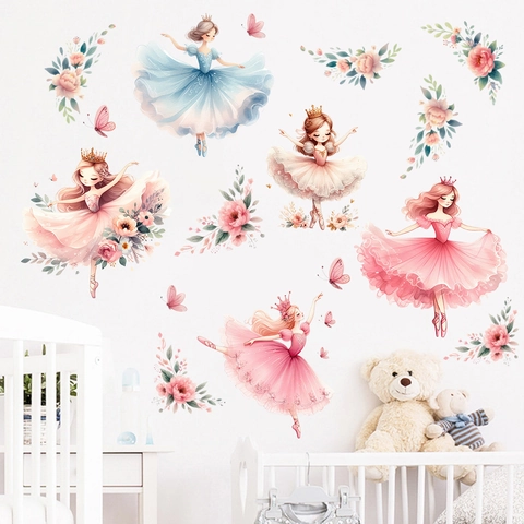 Watercolor Ballet Dancing Girl Wall Stickers PVC Waterproof Nursery Wall Decals For Kids Girls Room Crown Butterfly Decor