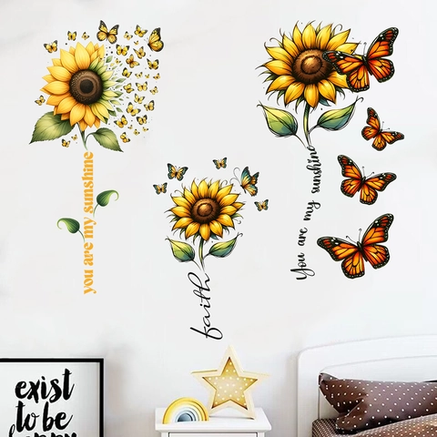 Sonnenblume Schmetterling Wandtattoo Wasserdicht PVC Wandaufkleber Mit Faith You Are My Sunshine Zitate Für Wohnzimmer Deko