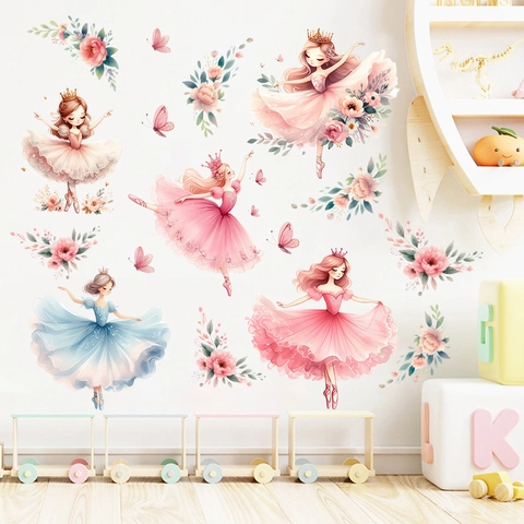 Watercolor Ballet Dancing Girl Wall Stickers PVC Waterproof Nursery Wall Decals For Kids Girls Room Crown Butterfly Decor