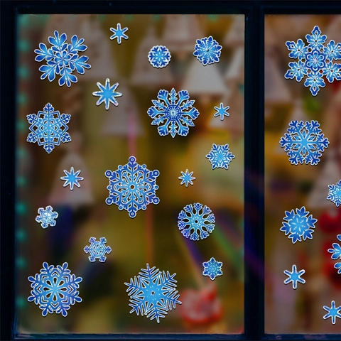 Christmas Snowflake Window Stickers Static Cling PVC Reusable Double Sided Blue Gradient Winter Holiday Home Decor Decals