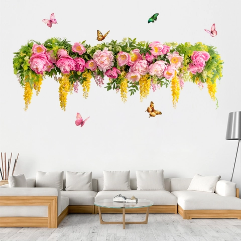Pfingstrose Blume Schmetterling Wandaufkleber Wasserdicht PVC Abnehmbare Wandbilder Für Wohnzimmer Schlafzimmer Deko