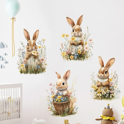 Aquarell Häschen Blumenkorb Wandtattoo Wasserdicht PVC Aufkleber Für Kinderzimmer Schlafzimmer Wohnzimmer Haus Dekor Kunst