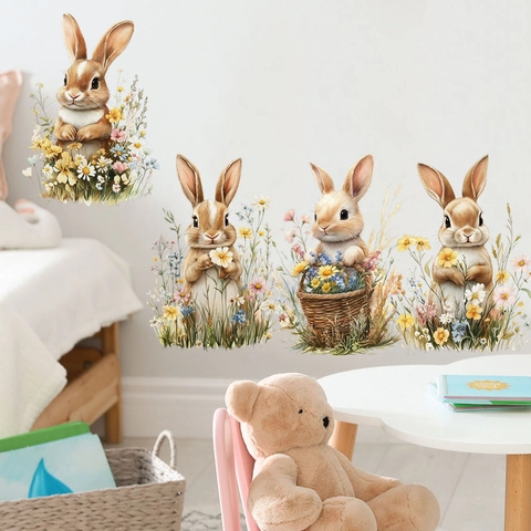 Aquarell Häschen Blumenkorb Wandtattoo Wasserdicht PVC Aufkleber Für Kinderzimmer Schlafzimmer Wohnzimmer Haus Dekor Kunst