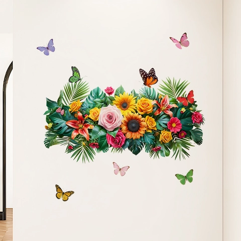 Sonnenblume Schmetterling Grüne Blätter Wandtattoo Wasserdicht PVC Selbstklebend Floral Wandaufkleber Für Wohnzimmer Schlafzimmer