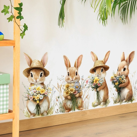 Aquarell Hase Wandaufkleber Mit Blumen Strohhut PVC Wasserdicht Dekorativ Wandtattoos Für Kinderzimmer Wohnzimmer Deko