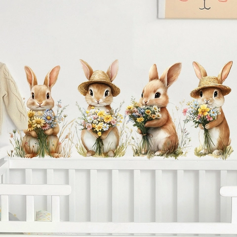 Aquarell Hase Wandaufkleber Mit Blumen Strohhut PVC Wasserdicht Dekorativ Wandtattoos Für Kinderzimmer Wohnzimmer Deko