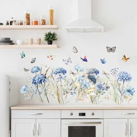 Adesivo Murale Impermeabile con Fiori Blu e Farfalle Acquerello Floreale PVC Decalcomania per Soggiorno Camera da Letto Cucina Casa