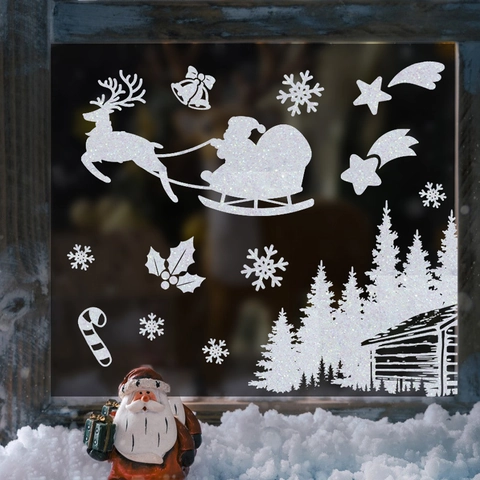 Christmas Window Stickers White Glitter Santa Reindeer Snowflake Static Cling Decals For Holiday Home Glass Decor