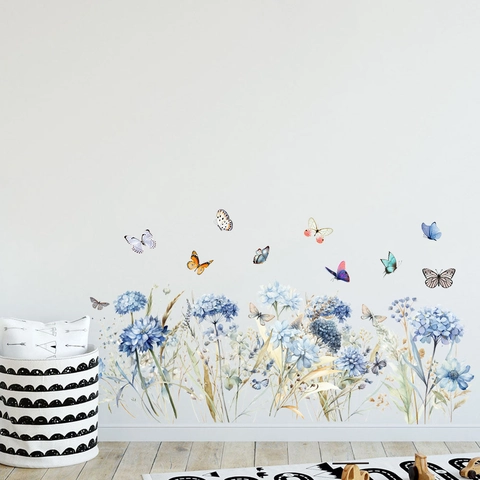Adesivo Murale Impermeabile con Fiori Blu e Farfalle Acquerello Floreale PVC Decalcomania per Soggiorno Camera da Letto Cucina Casa