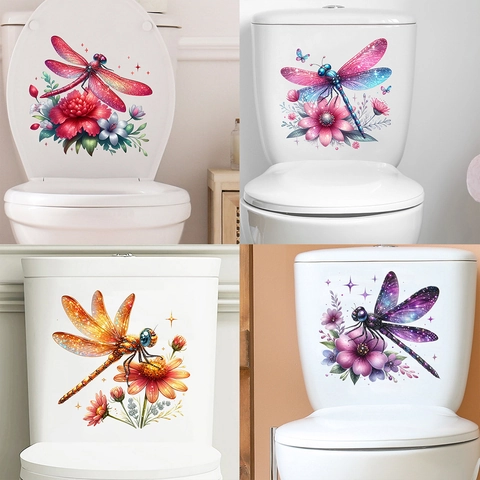 Sticker Couvercle de Toilettes Libellule et Fleur 3D Imperméable en PVC Auto-Adhésif Pailleté Décalcomanie Murale Salle de Bain Décor
