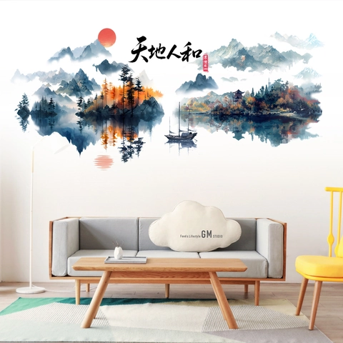 Chinesischer Stil Tuschelandschaft Wandaufkleber Wasserdicht PVC Selbstklebend Berge Boot Sonne Kalligraphie Wandbild Deko