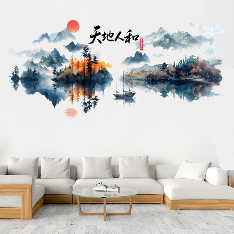 Chinesischer Stil Tuschelandschaft Wandaufkleber Wasserdicht PVC Selbstklebend Berge Boot Sonne Kalligraphie Wandbild Deko