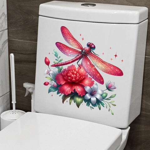 Sticker Couvercle de Toilettes Libellule et Fleur 3D Imperméable en PVC Auto-Adhésif Pailleté Décalcomanie Murale Salle de Bain Décor