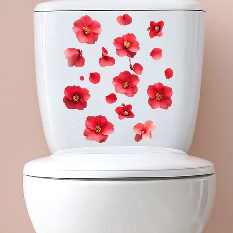 Adesivi Murali Impermeabili per Bagno e Toilette con Petali di Ibisco Rossi Decalcomania a Fiori Autoadesiva in PVC per Vetro