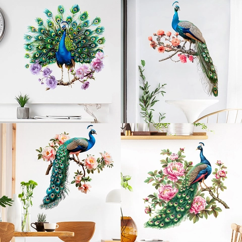 Peacock Peony Flower Wall Stickers PVC Waterproof Self Adhesive Art Decal For Living Room Bedroom Corridor Home Decor