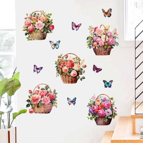 Adesivo da Parete Autoadesivo con Cesto di Rose e Farfalle Murale Decorativo in PVC Rimovibile per Soggiorno Camera da Letto