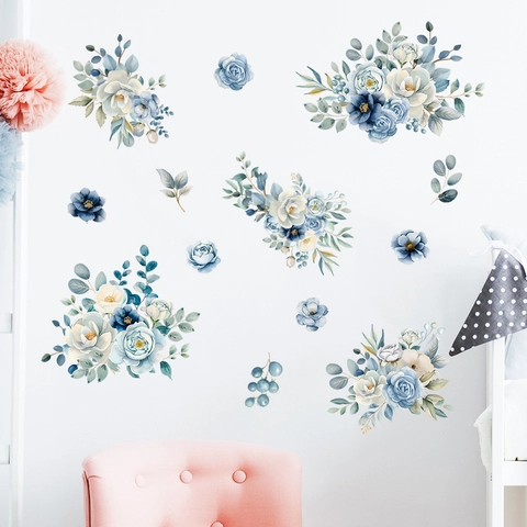 Watercolor Blue Flower Wall Stickers PVC Self Adhesive Waterproof Floral Rose Wall Decals For Living Room Bedroom Home Decor