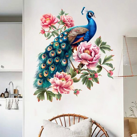 Peacock Peony Flower Wall Stickers PVC Waterproof Self Adhesive Art Decal For Living Room Bedroom Corridor Home Decor