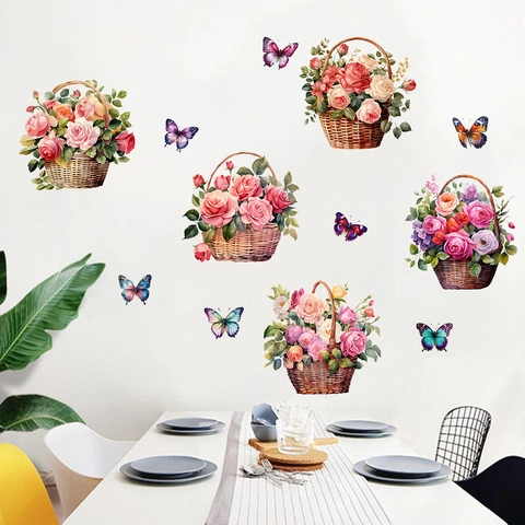 Adesivo da Parete Autoadesivo con Cesto di Rose e Farfalle Murale Decorativo in PVC Rimovibile per Soggiorno Camera da Letto