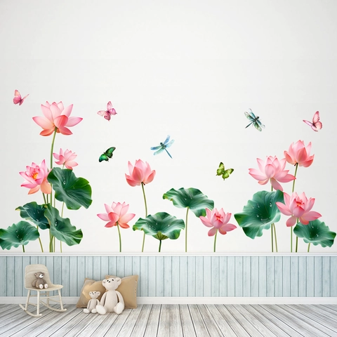 Pegatina de Pared de PVC Impermeable Flor de Loto Libélula Mariposa Estilo Tinta Realista Calcomanía DIY para Sala de Estar