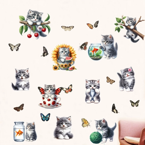 Cartoon Katze Schmetterling Wandaufkleber Wasserdichte PVC Tier Decals Für Kinderzimmer Schlafzimmer Wohnzimmer Haus Dekor