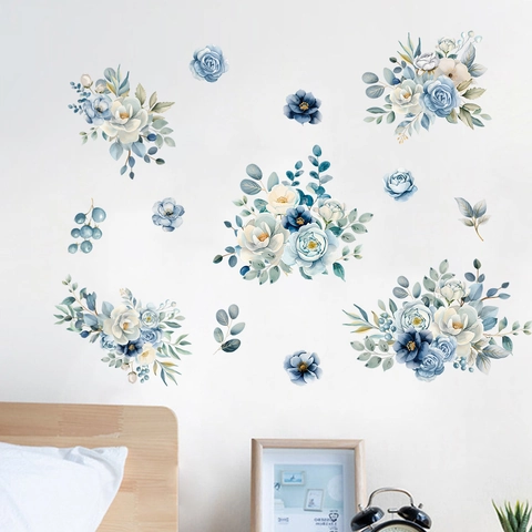 Watercolor Blue Flower Wall Stickers PVC Self Adhesive Waterproof Floral Rose Wall Decals For Living Room Bedroom Home Decor