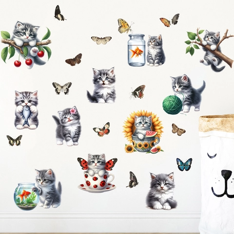 Cartoon Katze Schmetterling Wandaufkleber Wasserdichte PVC Tier Decals Für Kinderzimmer Schlafzimmer Wohnzimmer Haus Dekor