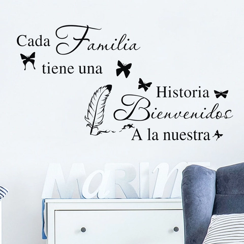 Spanish Quote Wall Sticker Cada Familia Tiene Una Historia Feather Butterfly Removable Waterproof PVC Wall Decal For Living Room