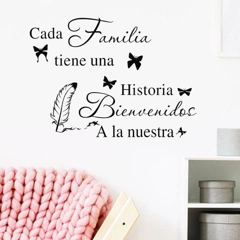 Spanish Quote Wall Sticker Cada Familia Tiene Una Historia Feather Butterfly Removable Waterproof PVC Wall Decal For Living Room