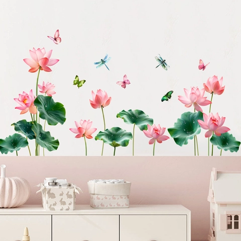 Pegatina de Pared de PVC Impermeable Flor de Loto Libélula Mariposa Estilo Tinta Realista Calcomanía DIY para Sala de Estar