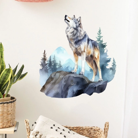 Pegatina de Pared Lobo Aullando Acuarela Impermeable PVC Extraíble Animal Bosque Calcomanía para Sala de Estar Dormitorio Oficina Decoración del Hogar