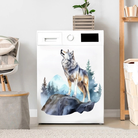 Pegatina de Pared Lobo Aullando Acuarela Impermeable PVC Extraíble Animal Bosque Calcomanía para Sala de Estar Dormitorio Oficina Decoración del Hogar