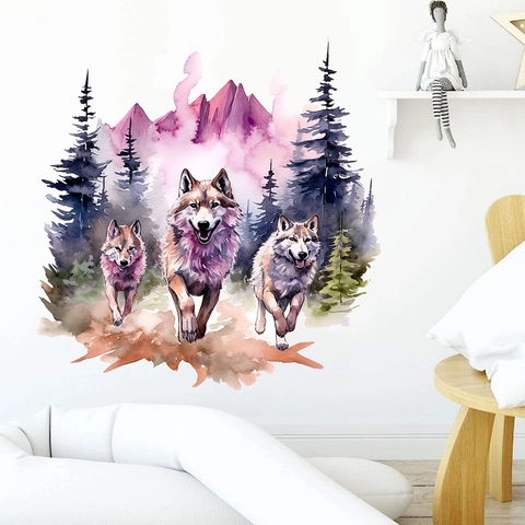 Adesivo da Parete Artistico Acquerello Lupo Foresta Montagna Impermeabile PVC Autoadesivo Decalcomania per Soggiorno Casa