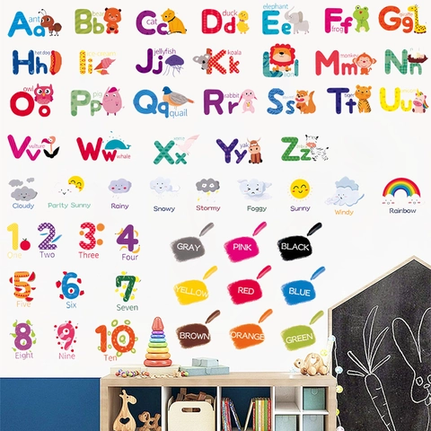 Educational Alphabet Animal Wall Stickers For Kids Room Decor Waterproof PVC Alphabet Number Weather Color Chart Wall Decals