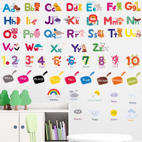 Educational Alphabet Animal Wall Stickers For Kids Room Decor Waterproof PVC Alphabet Number Weather Color Chart Wall Decals