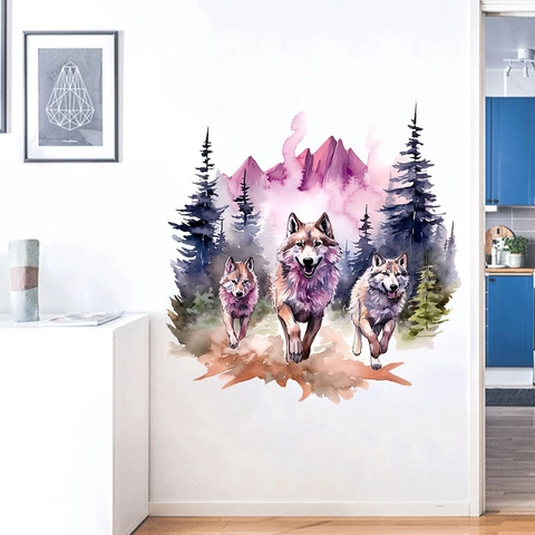 Adesivo da Parete Artistico Acquerello Lupo Foresta Montagna Impermeabile PVC Autoadesivo Decalcomania per Soggiorno Casa