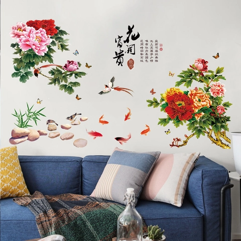Pegatinas de Pared de Flores de Peonía Estilo Chino Aves Koi Caligrafía PVC Impermeable DIY Decoración Mural para Dormitorio Sala