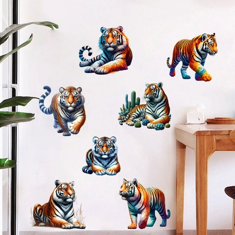 Künstlerischer Bunter Tiger Wandsticker Wasserdichter PVC Tier Aufkleber Für Badezimmer Wohnzimmer Schlafzimmer Deko