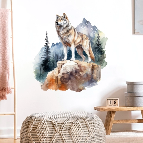 Aquarell Wolf Wandtattoo Wasserdicht PVC Aufkleber Naturlandschaft Schnee Berg Wald Dekorative Wandbild Für Wohnzimmer Zuhause