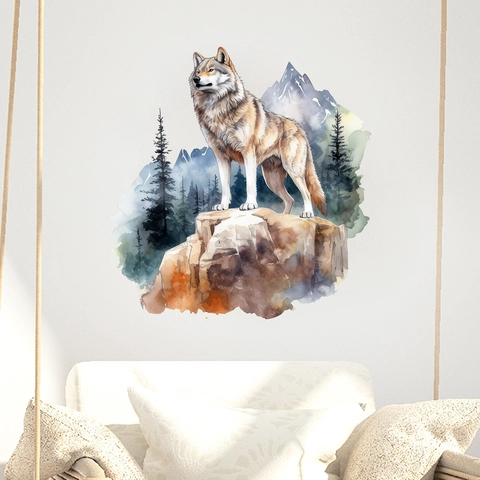 Aquarell Wolf Wandtattoo Wasserdicht PVC Aufkleber Naturlandschaft Schnee Berg Wald Dekorative Wandbild Für Wohnzimmer Zuhause
