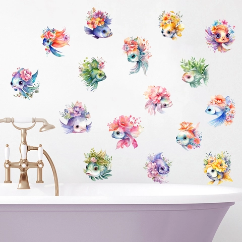 Waterproof Watercolor Goldfish Flower Wall Stickers PVC Self-Adhesive Removable Decorative Decals For Bathroom Kitchen Home Decor
