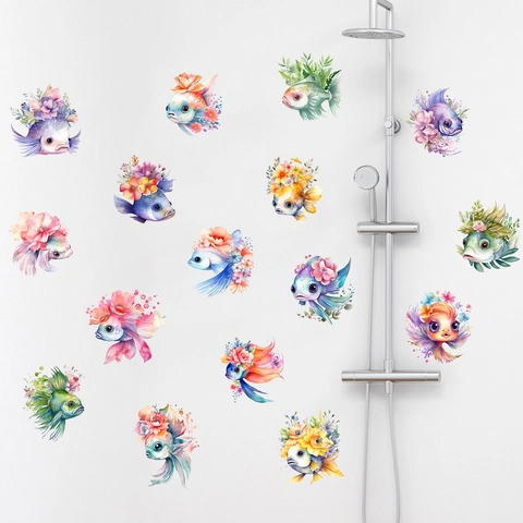Waterproof Watercolor Goldfish Flower Wall Stickers PVC Self-Adhesive Removable Decorative Decals For Bathroom Kitchen Home Decor