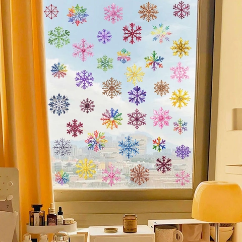 Kleurrijke Sneeuwvlok Vensterstickers Statisch Zonder Lijm Voor Glas Raam Spiegel Winter Kerst Vakantie Huis Decoratie