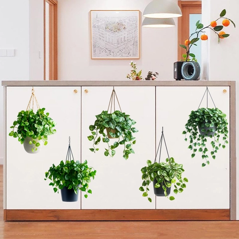 Fresh Green Plant Hanging Basket Potted PVC Wall Sticker Waterproof Self Adhesive Nordic Style Home Decor Decal For Living Room