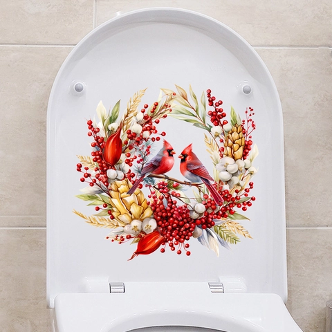 Adesivo Ghirlanda Natalizia con Uccelli Cardinali Impermeabile Autoadesivo in PVC per Coperchio WC Bagno Decorazione Parete Ornamento Festivo